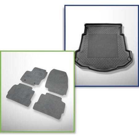 Conjunto: alfombrillas de velour + alfombrilla para maletero para Ford Mondeo IV (09.2007-12.2014) 4 porte - Standard - con rueda de repuesto provisional o kit de reparación