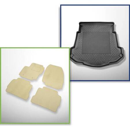 Conjunto: alfombrillas de velour + alfombrilla para maletero para Ford Mondeo IV (09.2007-12.2014) 4 porte - Standard - con rueda de repuesto provisional o kit de reparación