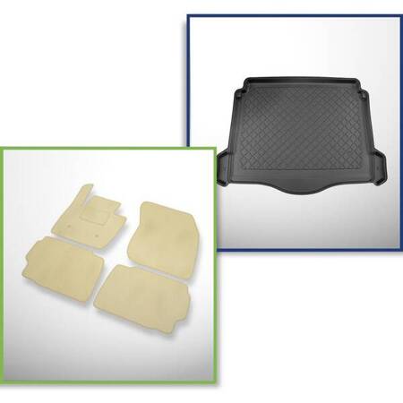 Conjunto: alfombrillas de velour + alfombrilla para maletero para Ford Mondeo V Hybrid (01.2015-2021) 5 porte - Guardliner - con y sin altavoz (subwoofer), compartimentos desmontables