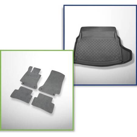 Conjunto: alfombrillas de velour + alfombrilla para maletero para Mercedes-Benz Classe C W205 (03.2014-11.2020) 4 porte - Guardliner - asientos traseros reclinables (abatibles); compartimento derecho desmontable en modelos con red lateral